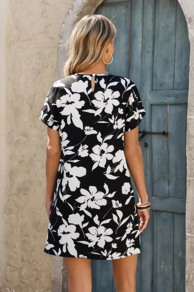 Wenrine Womens Summer Dress 2025 Floral T Shirt Dress Casual Cap Sleeve Crewneck Loose Boho Shift Mini Dresses
