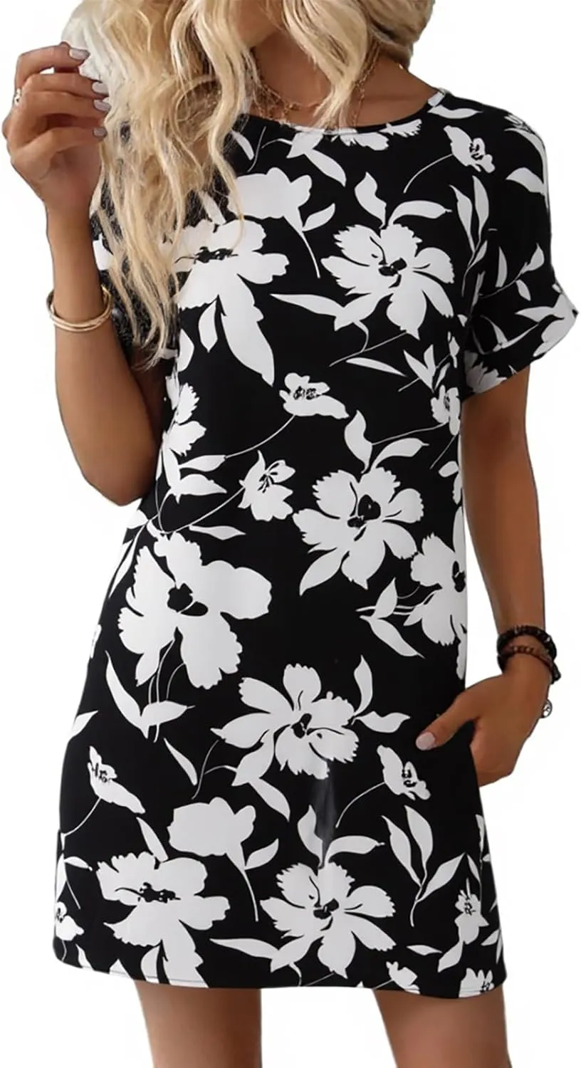 Wenrine Womens Summer Dress 2025 Floral T Shirt Dress Casual Cap Sleeve Crewneck Loose Boho Shift Mini Dresses