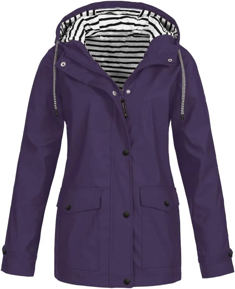 Windproof Jacket for Women Long Sleeve Raincoat Full Zip Up Button Hooded Plain Windbreaker with Pocket Loose Fit Drawstring