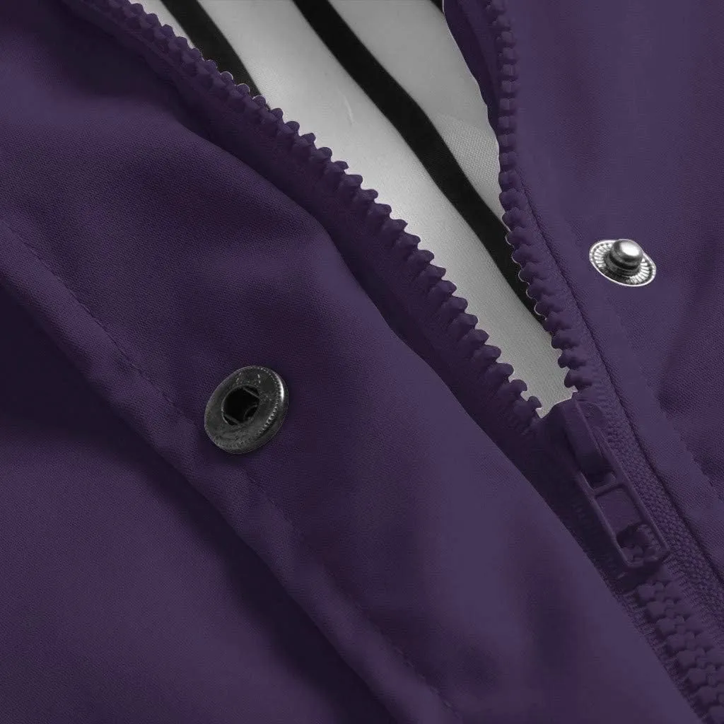 Windproof Jacket for Women Long Sleeve Raincoat Full Zip Up Button Hooded Plain Windbreaker with Pocket Loose Fit Drawstring