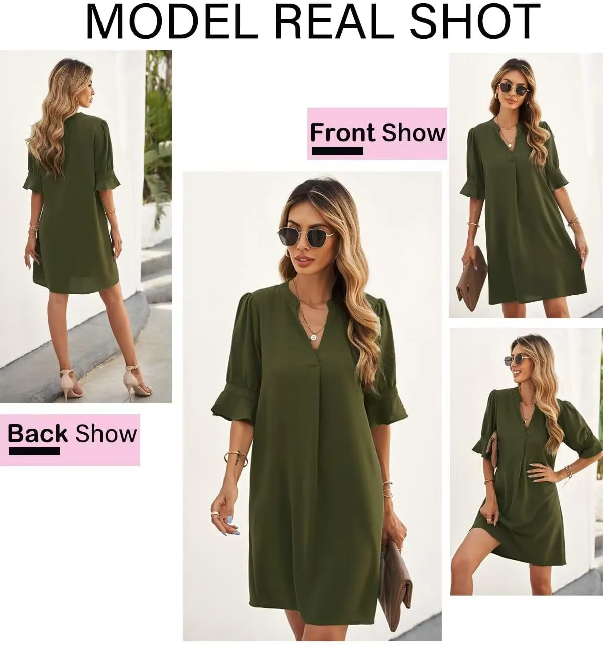 Wkior Shift Dress for Women V Neck Short Sleeves Solid Color Casual Flowy Summer Dresses(S-2XL)