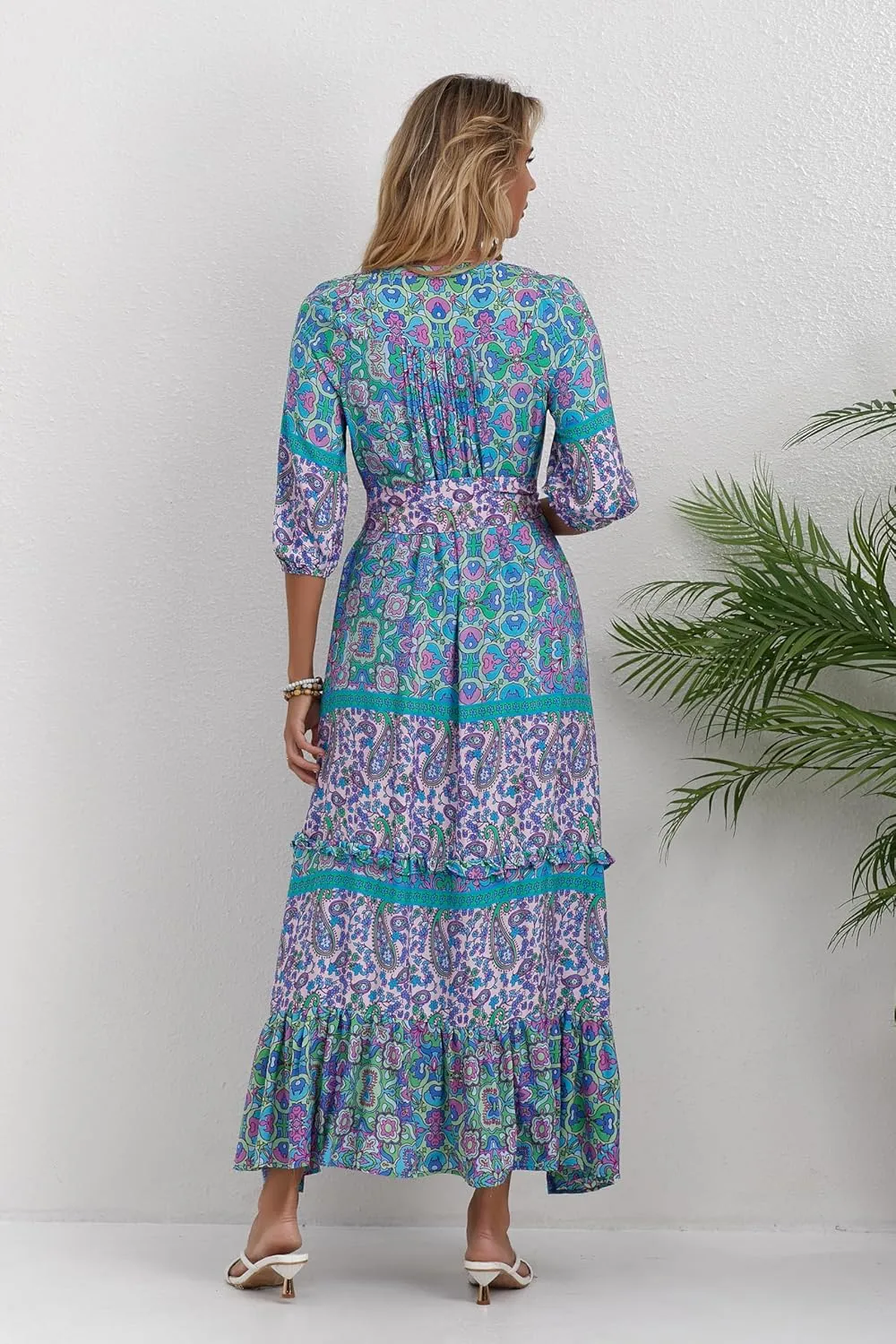 Women 3/4 Sleeves Front Buttons Floral Print Casual Bohemian Maxi Dresses