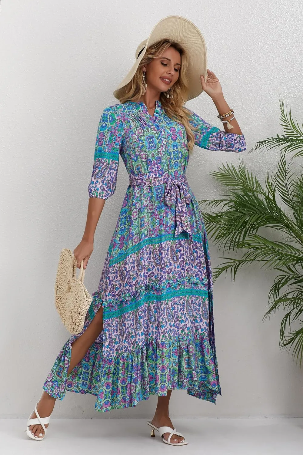 Women 3/4 Sleeves Front Buttons Floral Print Casual Bohemian Maxi Dresses