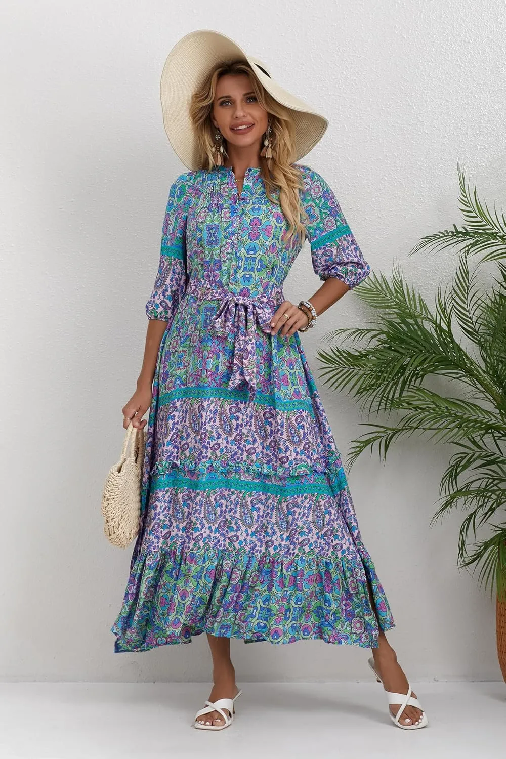 Women 3/4 Sleeves Front Buttons Floral Print Casual Bohemian Maxi Dresses