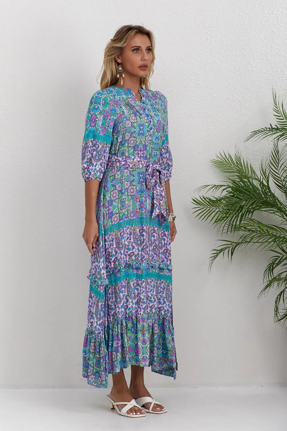 Women 3/4 Sleeves Front Buttons Floral Print Casual Bohemian Maxi Dresses