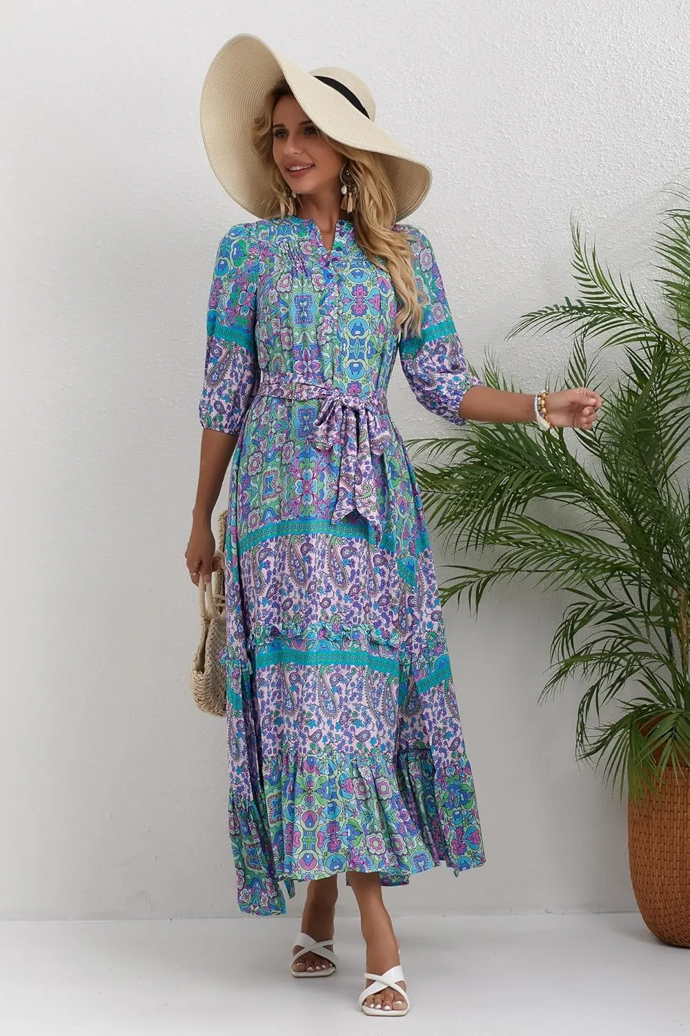 Women 3/4 Sleeves Front Buttons Floral Print Casual Bohemian Maxi Dresses