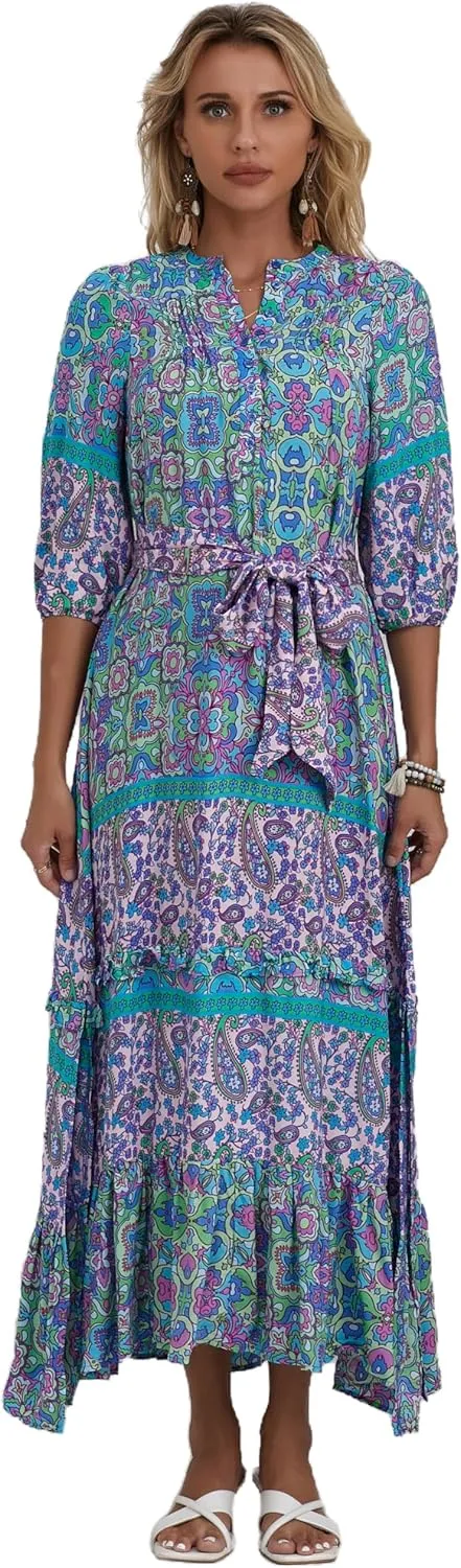 Women 3/4 Sleeves Front Buttons Floral Print Casual Bohemian Maxi Dresses
