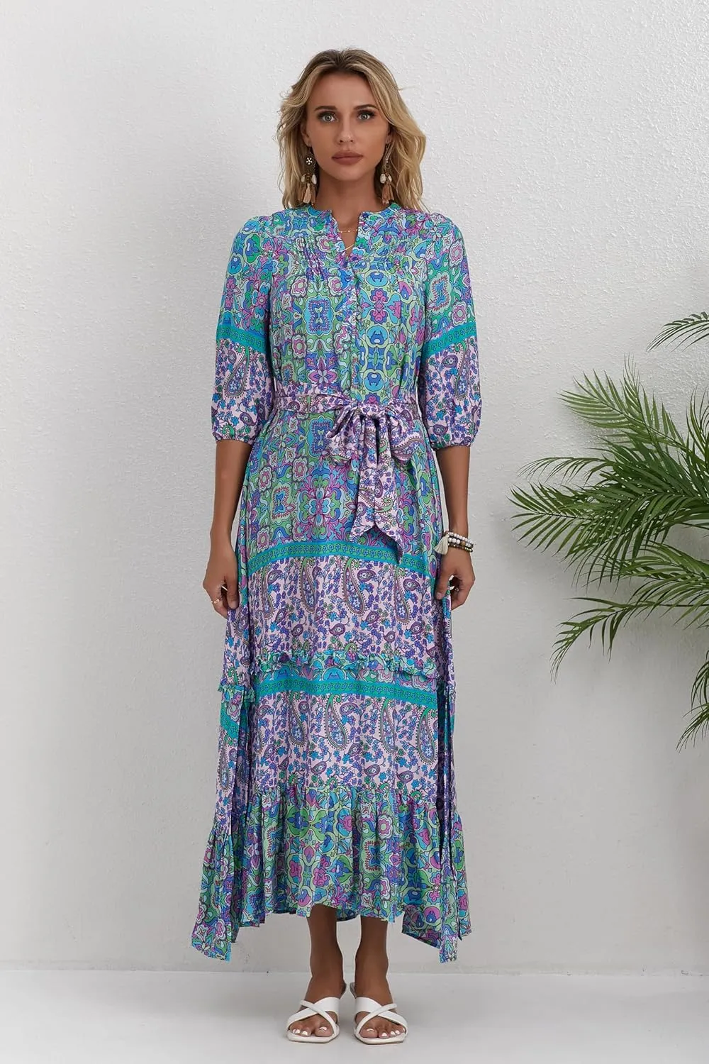Women 3/4 Sleeves Front Buttons Floral Print Casual Bohemian Maxi Dresses