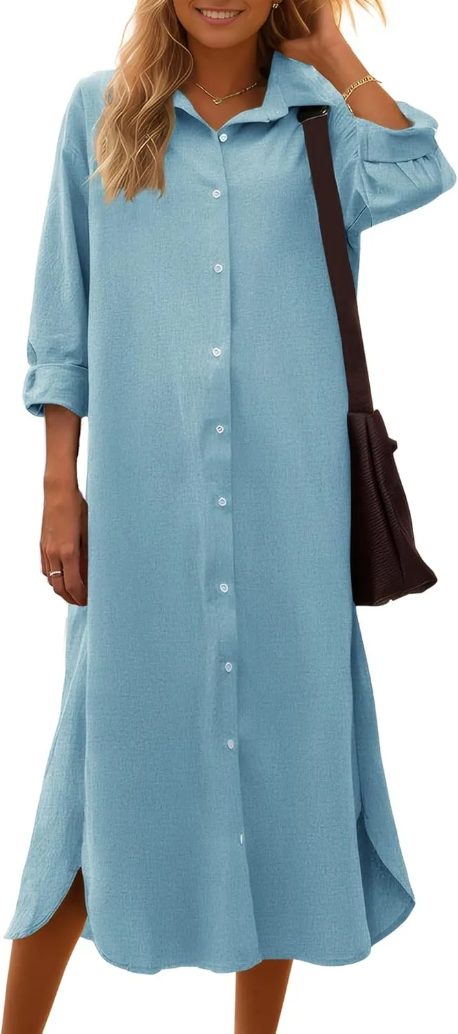 Women Cotton and Linen Shirt Dress Casual Loose Maxi Dresses Blue XXL