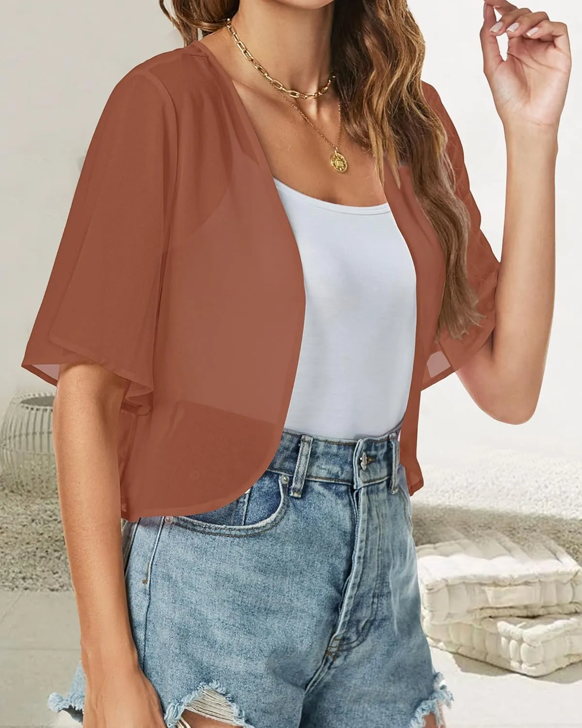 Women Shrug Chiffon Cardigans Open Front Short Sleeve Bolero for Evening Dressy