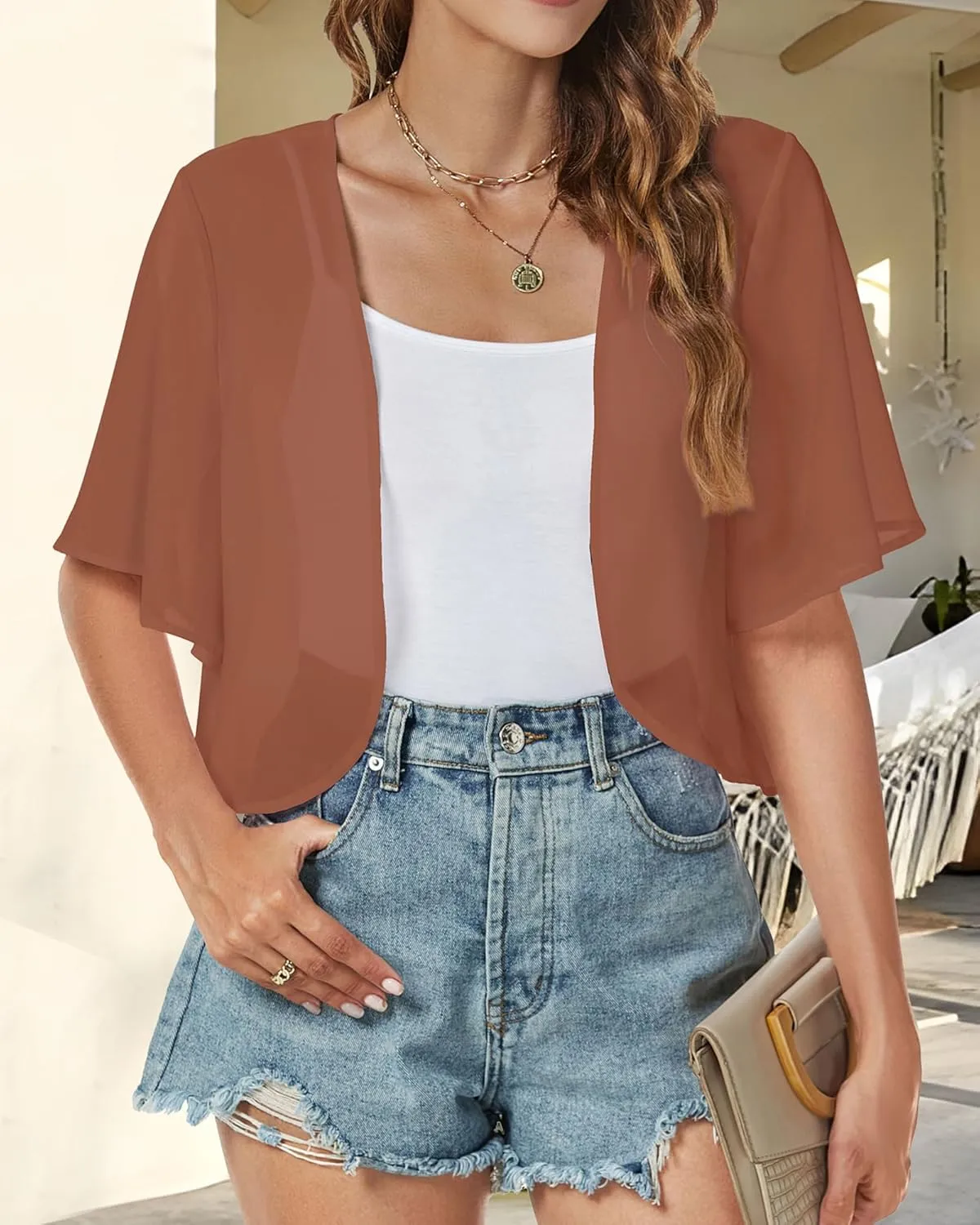 Women Shrug Chiffon Cardigans Open Front Short Sleeve Bolero for Evening Dressy