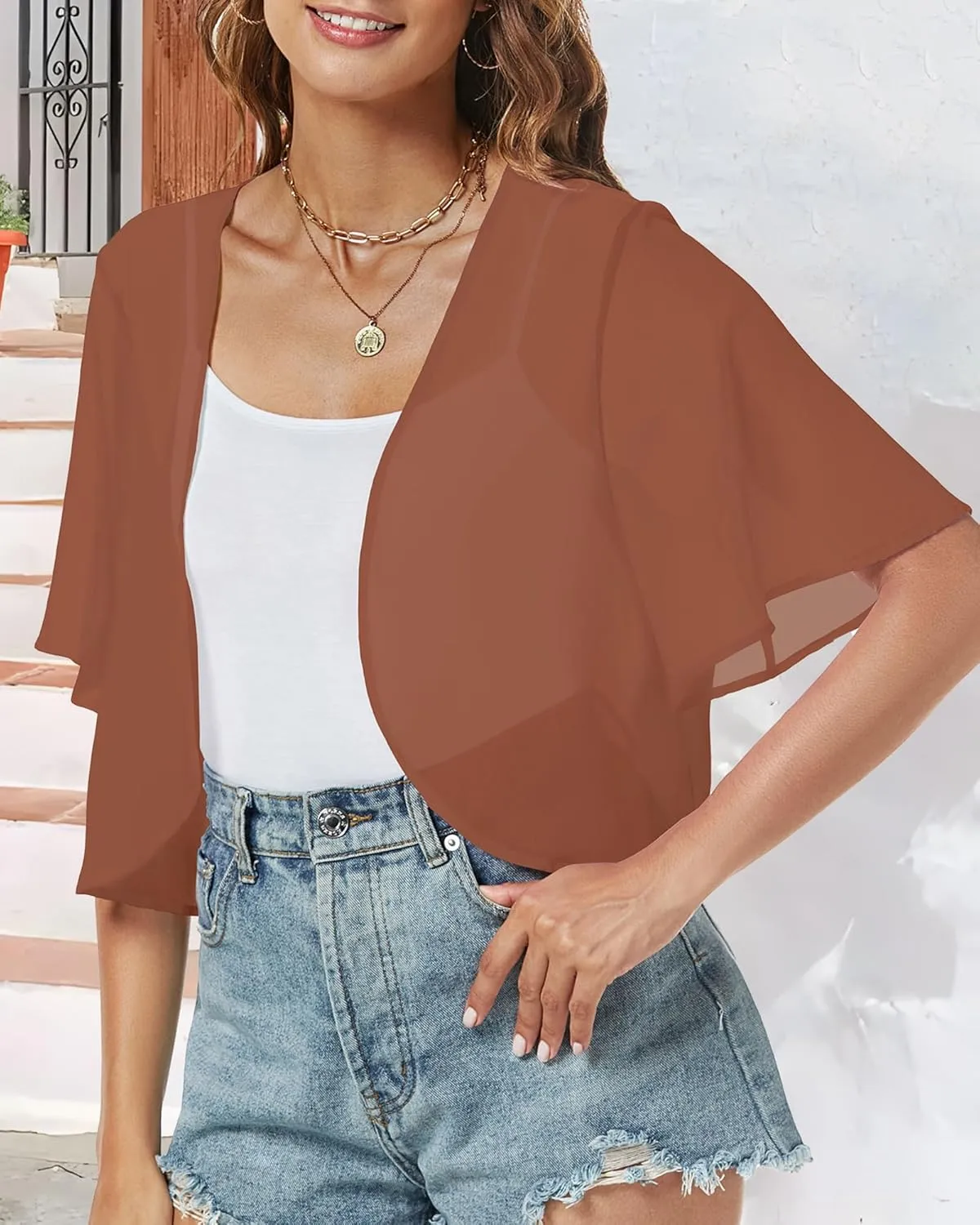 Women Shrug Chiffon Cardigans Open Front Short Sleeve Bolero for Evening Dressy