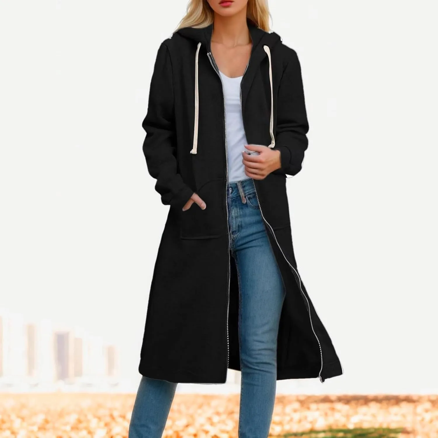 Womens 2024 Elegant Temperament Full Zip Overcoat Long Sleeve Slim Hooded Outwear Drawstring Casual Soft Jacket Coat