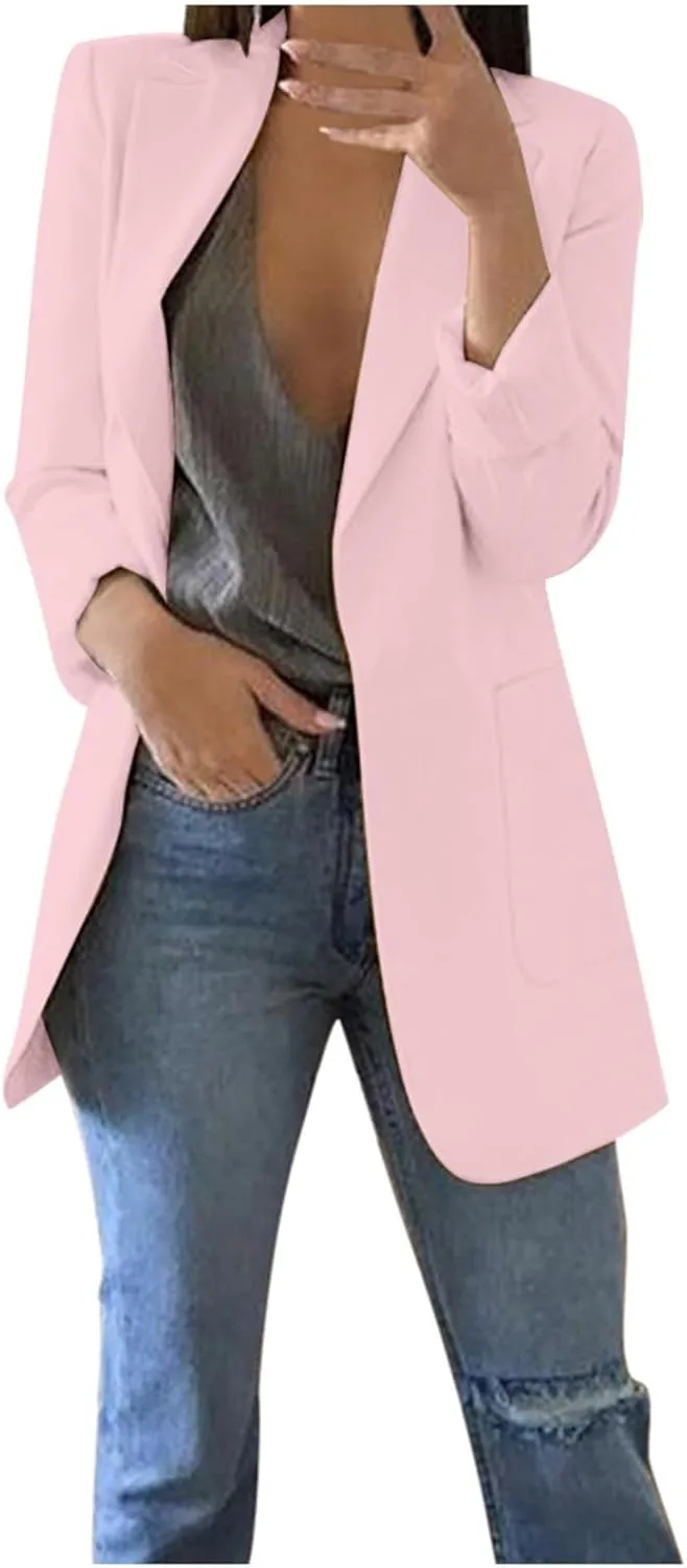 Womens 2024 Solid Formal Lapel Cardigan Long Sleeve Pocket Jacket Comfy Loose Oversized Blazer Daily Work Fall Clothes