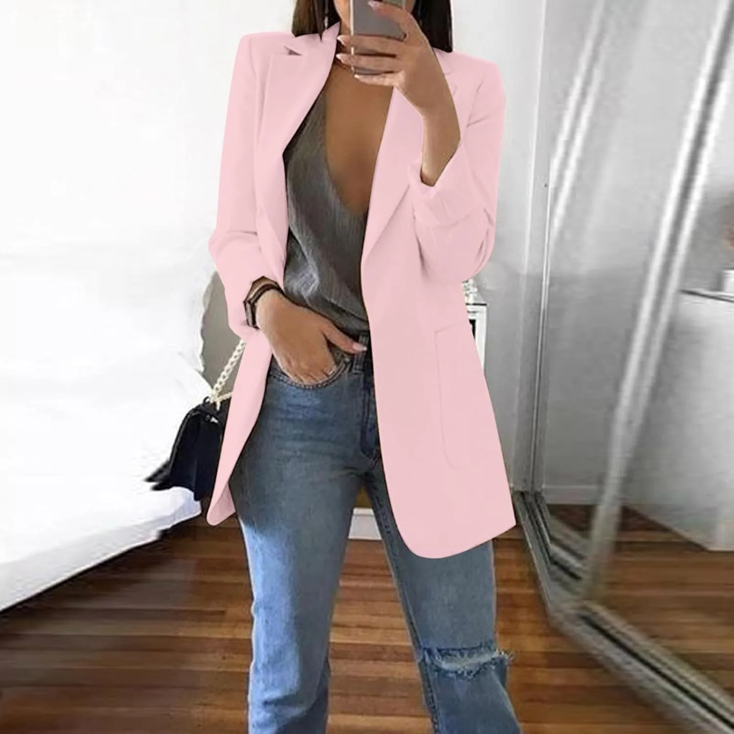 Womens 2024 Solid Formal Lapel Cardigan Long Sleeve Pocket Jacket Comfy Loose Oversized Blazer Daily Work Fall Clothes