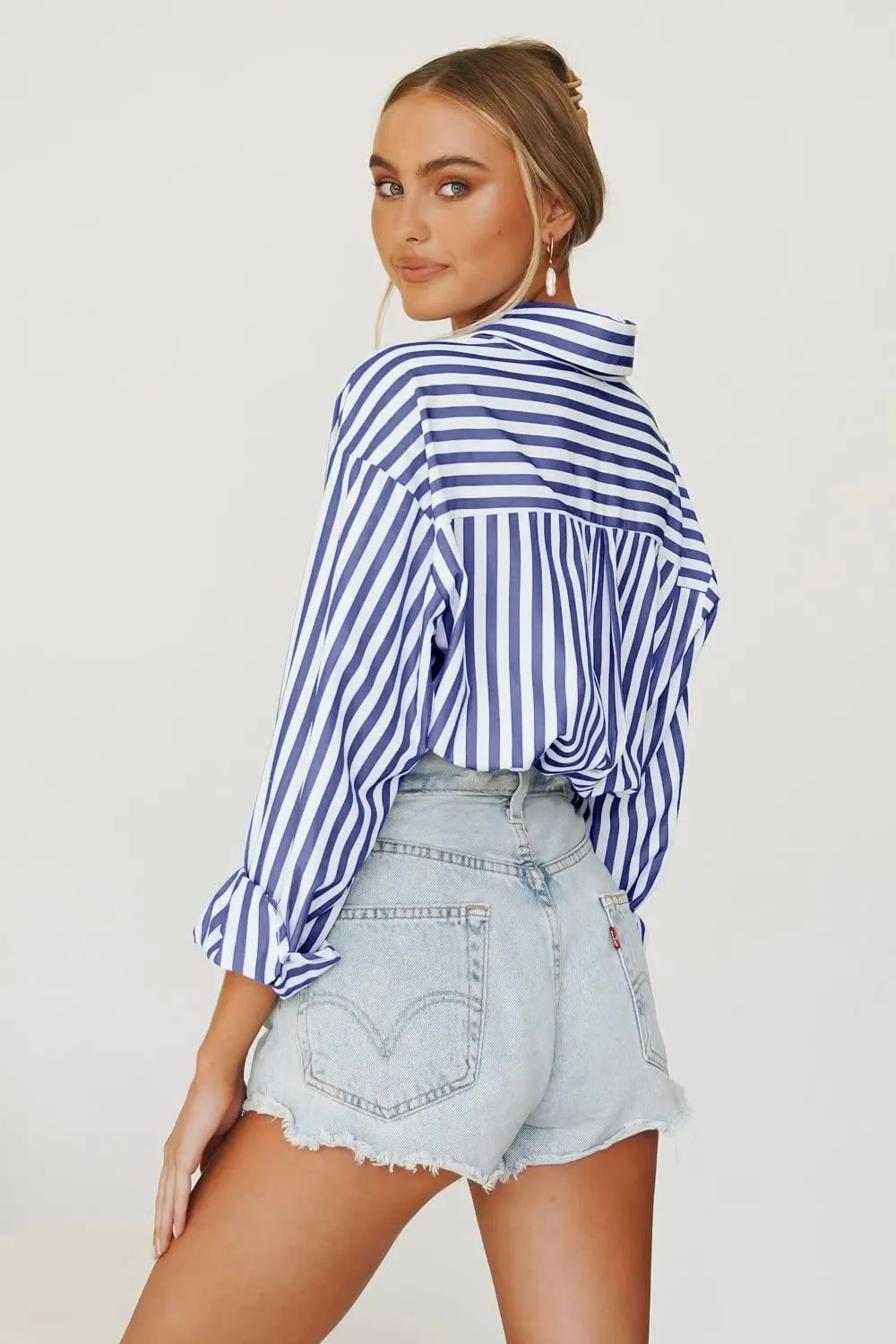 Women's Blouses Striped Long Sleeve Shirts Button Down Loose Fit Casual Tops