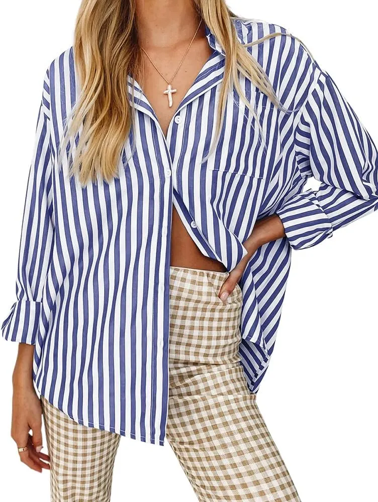 Women's Blouses Striped Long Sleeve Shirts Button Down Loose Fit Casual Tops