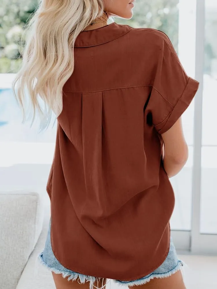 Womens Button Down Casual Shirts Cotton Short Sleeve Blouses Solid Summer Tops with Pocket