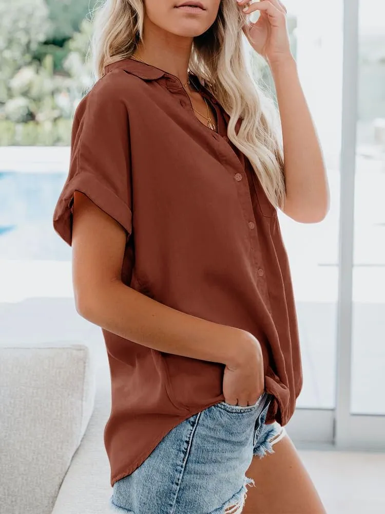 Womens Button Down Casual Shirts Cotton Short Sleeve Blouses Solid Summer Tops with Pocket