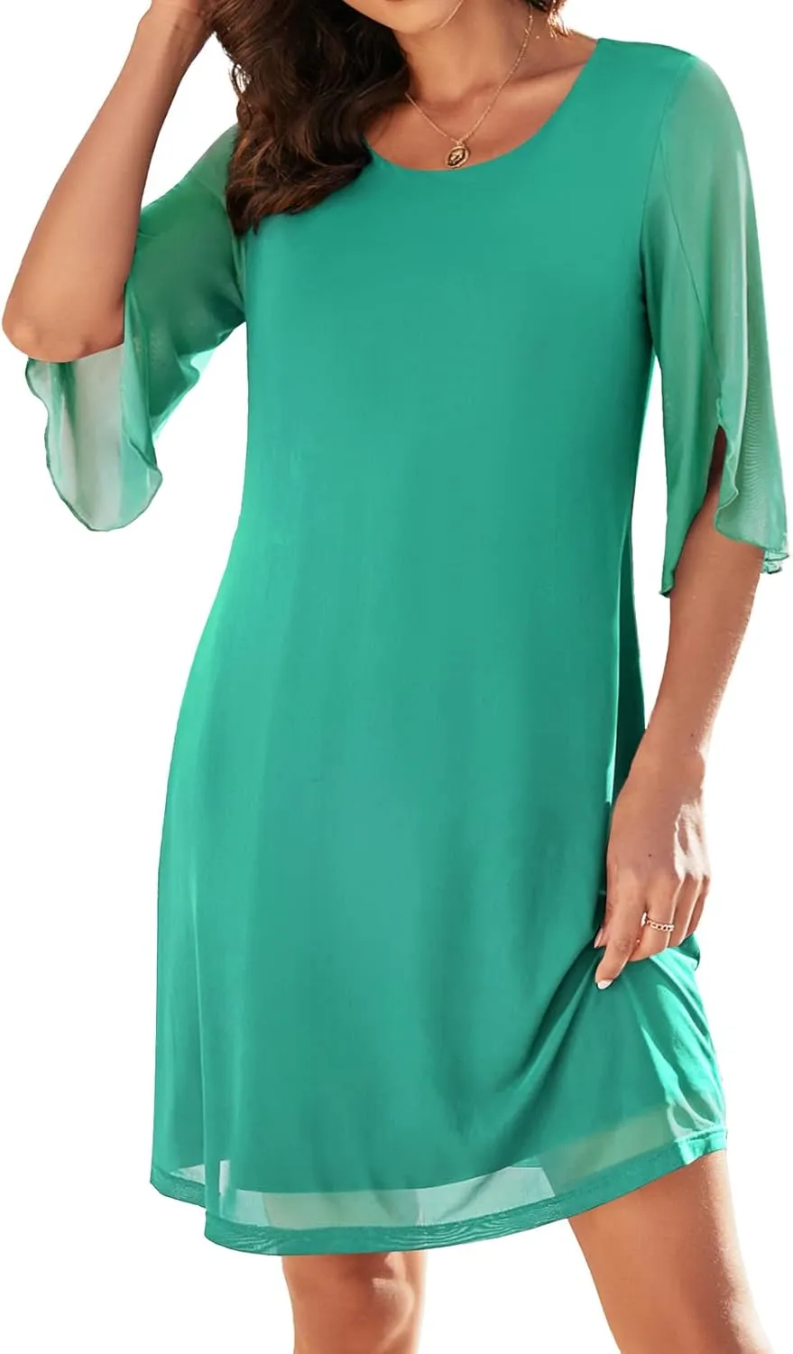 Women's Casual Loose 3/4 Sleeve Stretch Mesh Wedding Guest Dress Scoop Neck Cocktail Party Formal Dresses
