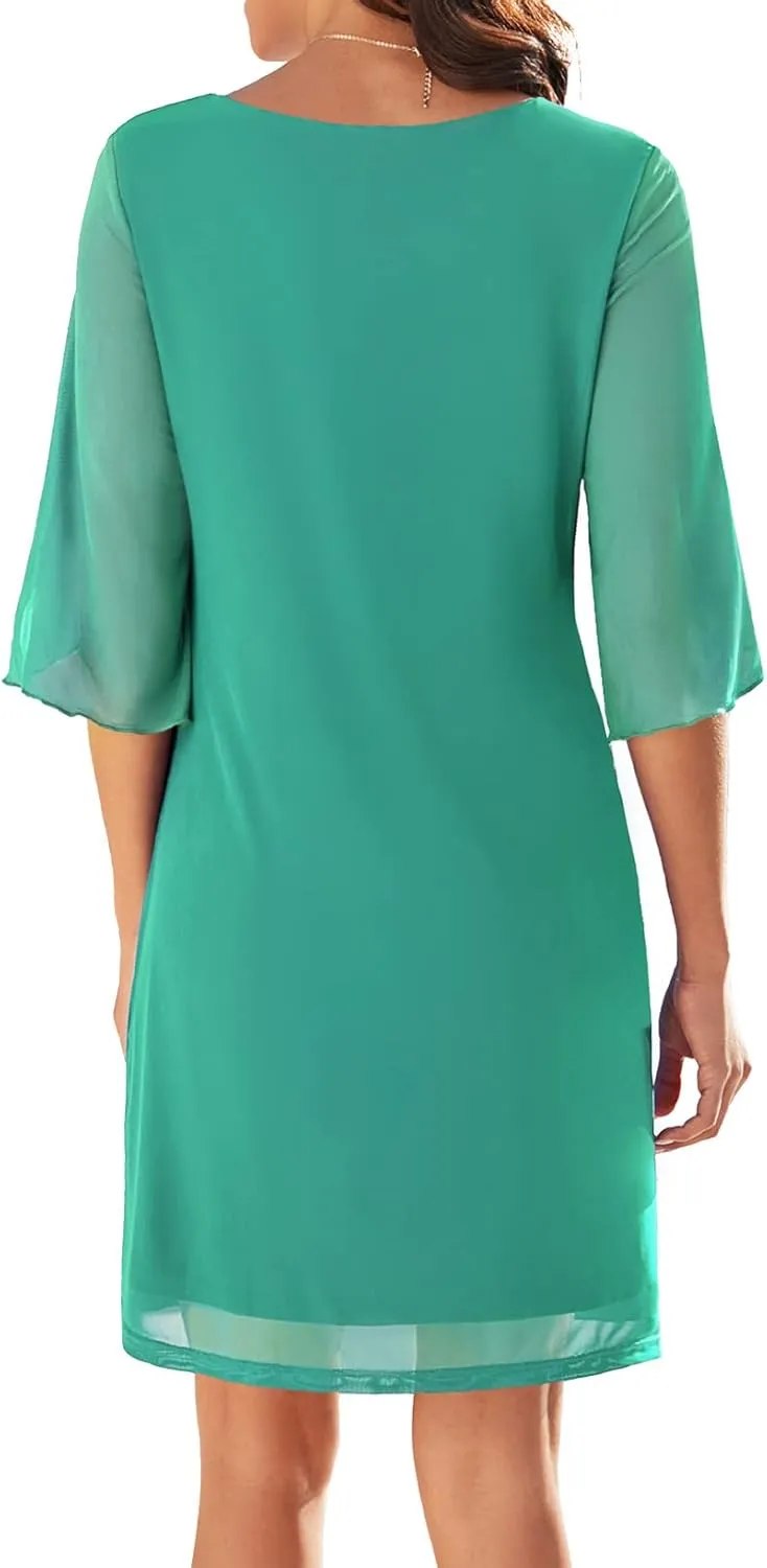Women's Casual Loose 3/4 Sleeve Stretch Mesh Wedding Guest Dress Scoop Neck Cocktail Party Formal Dresses