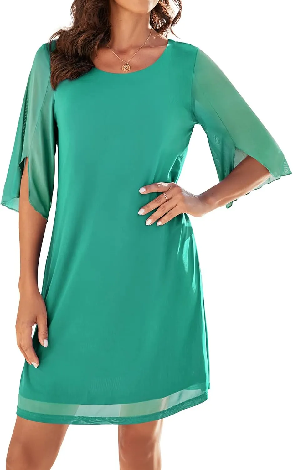Women's Casual Loose 3/4 Sleeve Stretch Mesh Wedding Guest Dress Scoop Neck Cocktail Party Formal Dresses
