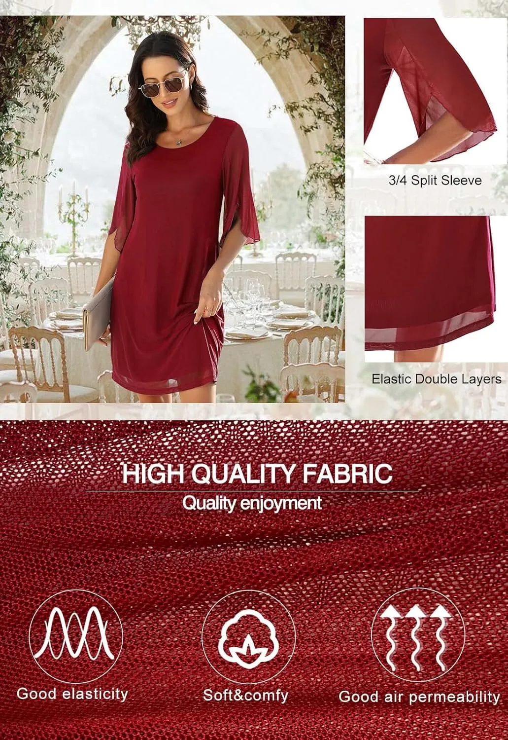 Women's Casual Loose 3/4 Sleeve Stretch Mesh Wedding Guest Dress Scoop Neck Cocktail Party Formal Dresses