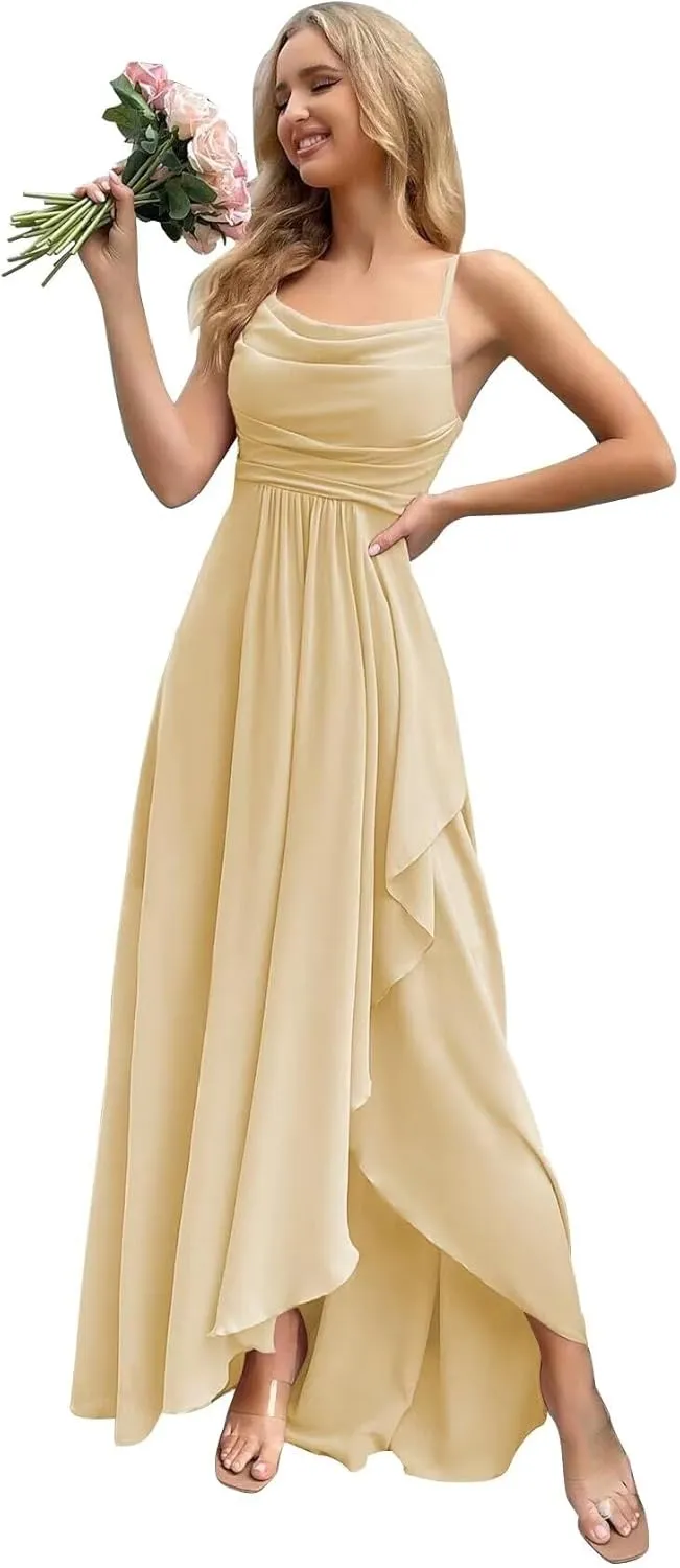 Women's Chiffon Bridesmaid Dresses Long with Slit A Line Formal Dress with Pockets VS085B