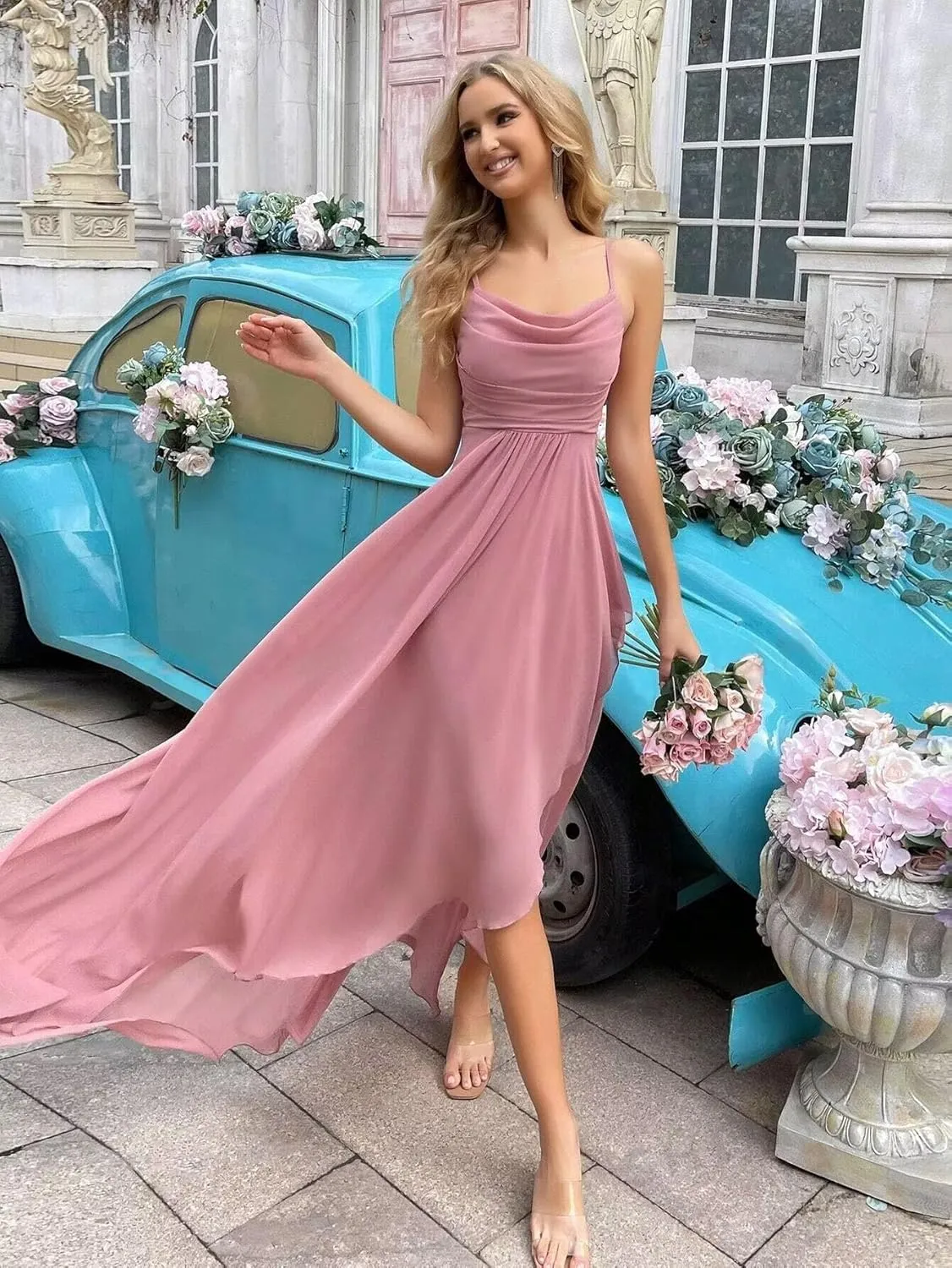 Women's Chiffon Bridesmaid Dresses Long with Slit A Line Formal Dress with Pockets VS085B