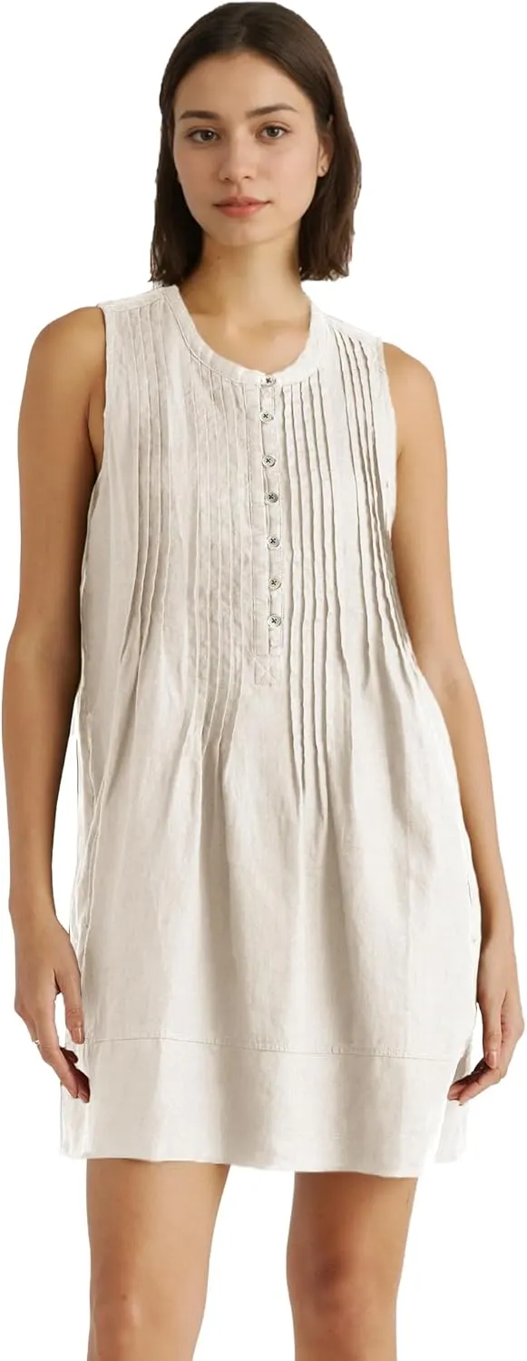 Women's Cotton Linen Crew Neck Sleeveless Swing Dress Casual Front Button Dresses with Pockets