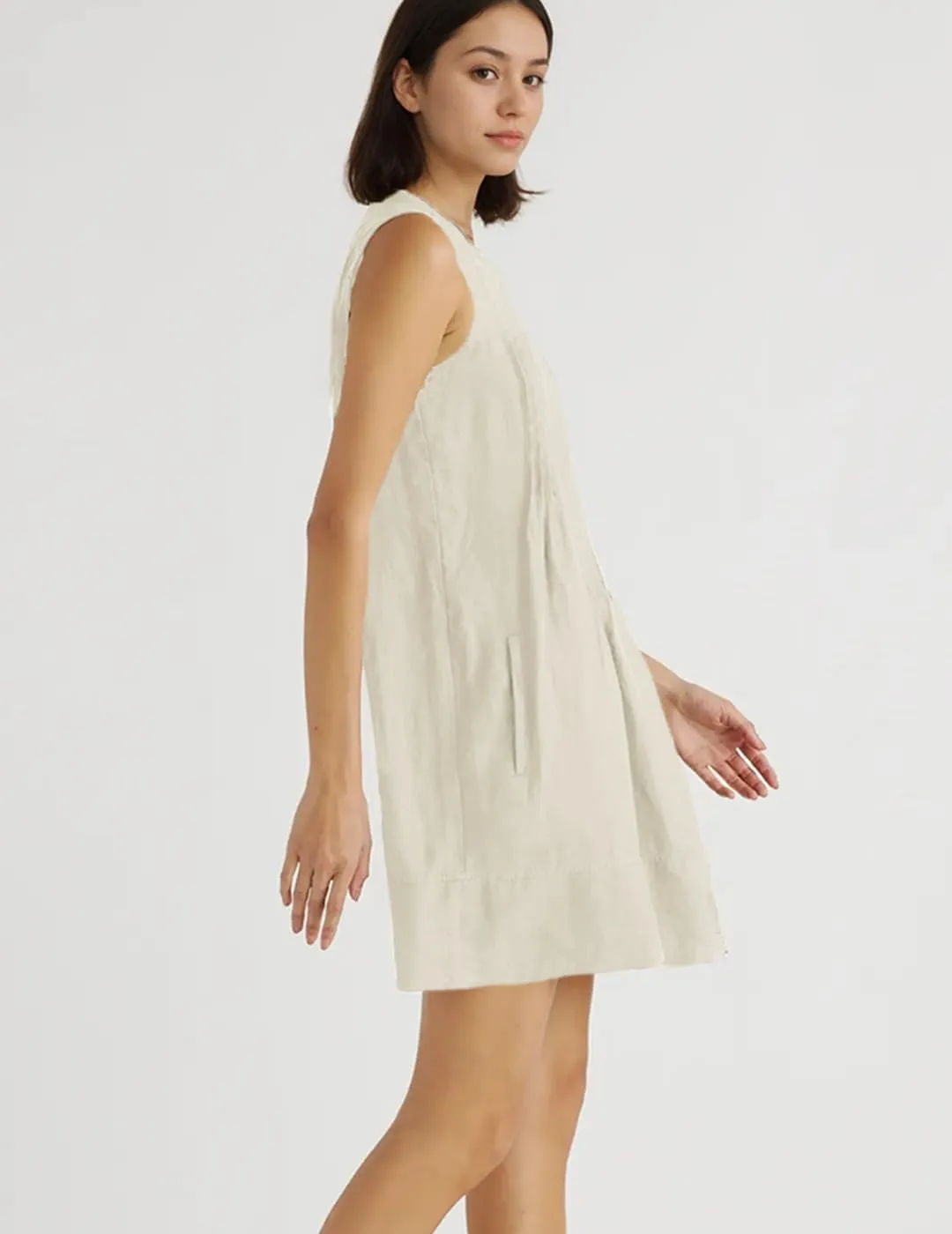 Women's Cotton Linen Crew Neck Sleeveless Swing Dress Casual Front Button Dresses with Pockets