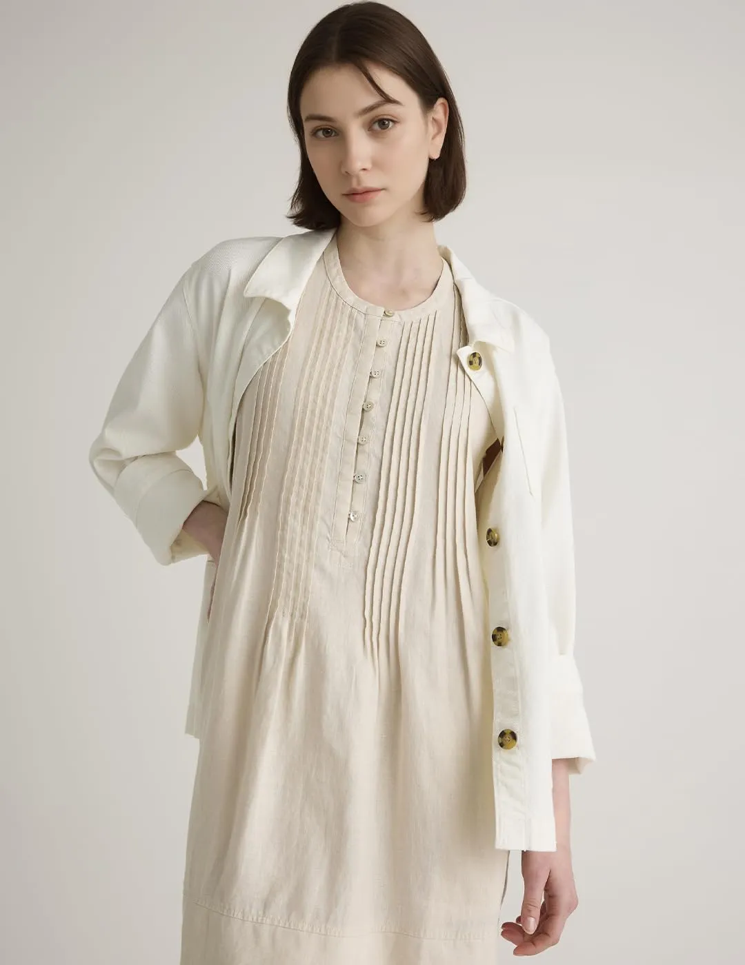 Women's Cotton Linen Crew Neck Sleeveless Swing Dress Casual Front Button Dresses with Pockets