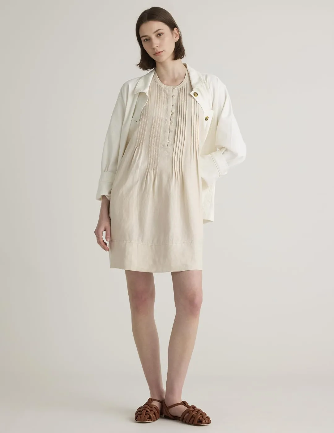 Women's Cotton Linen Crew Neck Sleeveless Swing Dress Casual Front Button Dresses with Pockets