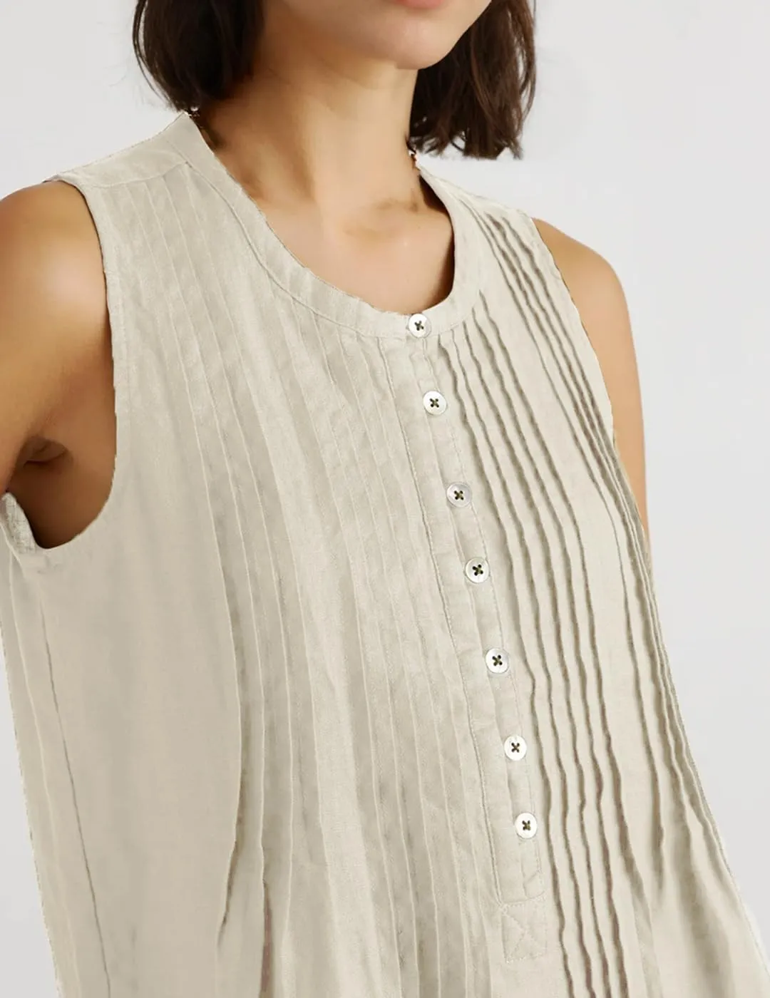 Women's Cotton Linen Crew Neck Sleeveless Swing Dress Casual Front Button Dresses with Pockets
