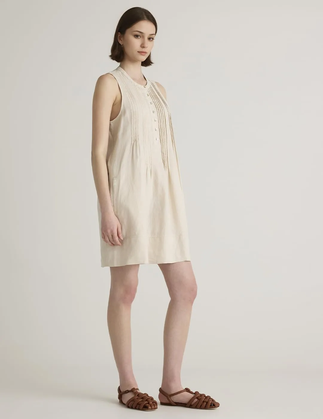 Women's Cotton Linen Crew Neck Sleeveless Swing Dress Casual Front Button Dresses with Pockets