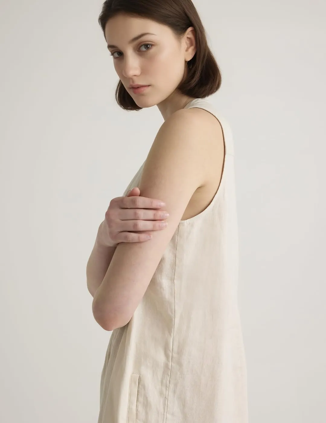 Women's Cotton Linen Crew Neck Sleeveless Swing Dress Casual Front Button Dresses with Pockets