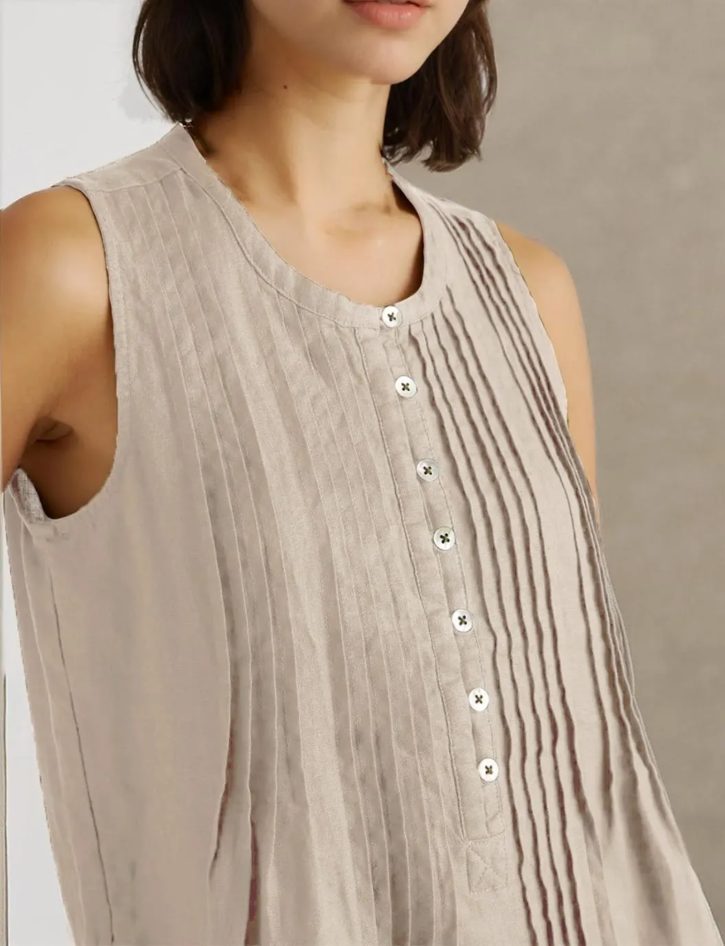 Women's Cotton Linen Crew Neck Sleeveless Swing Dress Casual Front Button Dresses with Pockets
