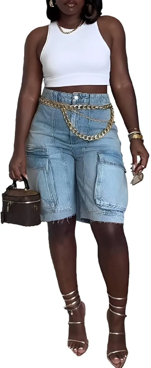 Women's Denim Shorts Trendy Casual High Waist Straight Leg Cargo Jean Shorts with Pockets