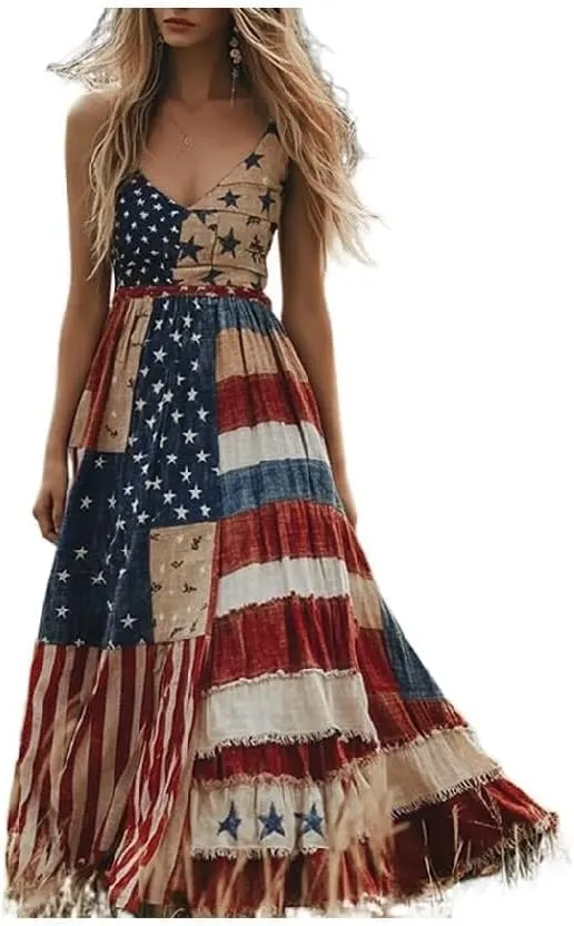 Women's Independence Day Patch Art Line Dress Floral American Flag Maxi Dresses