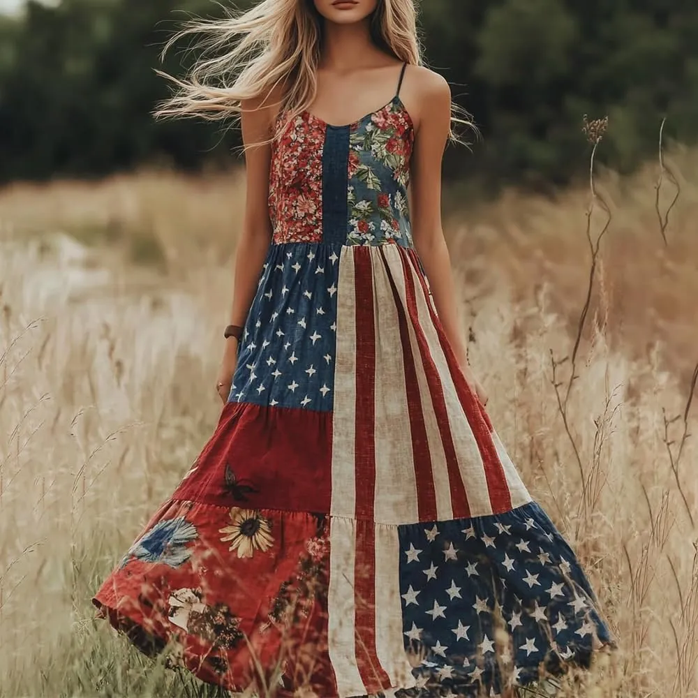 Women's Independence Day Patch Art Line Dress Floral American Flag Maxi Dresses