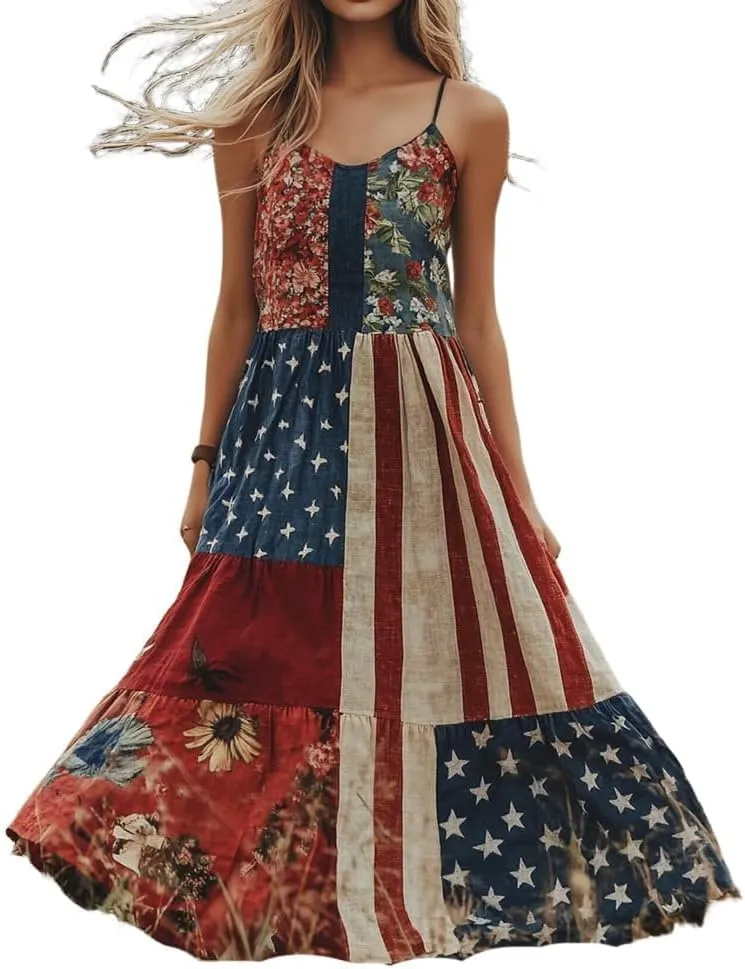 Women's Independence Day Patch Art Line Dress Floral American Flag Maxi Dresses