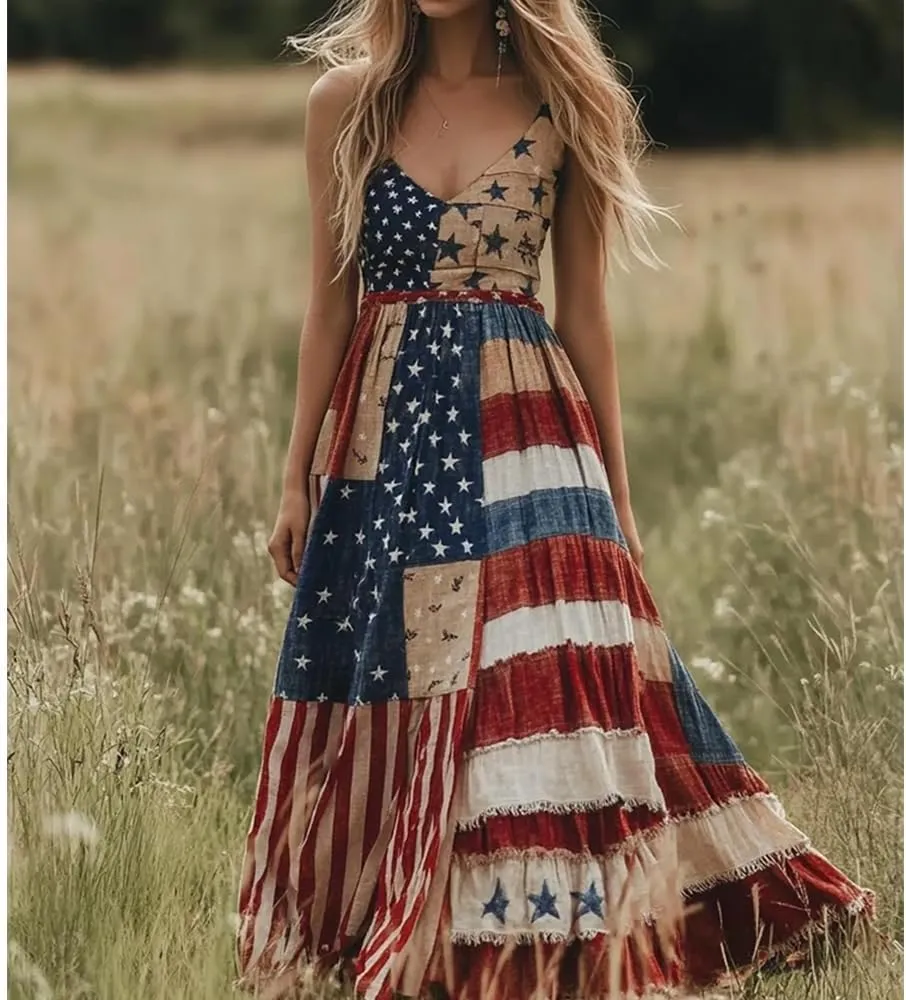 Women's Independence Day Patch Art Line Dress Floral American Flag Maxi Dresses