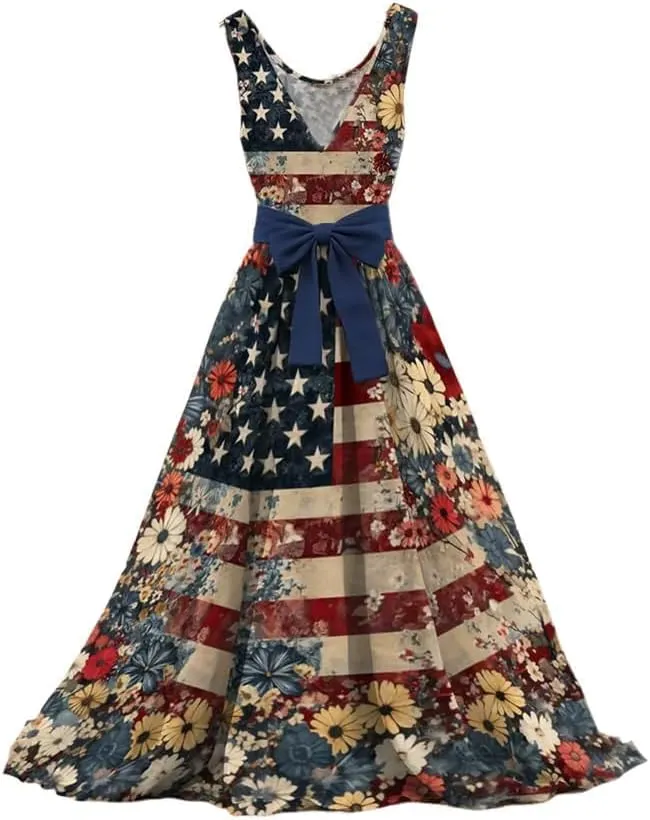 Women's Independence Day Patch Art Line Dress Floral American Flag Maxi Dresses