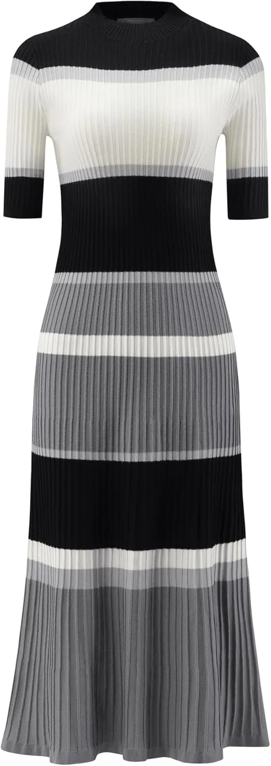 Women's Knit Striped Dresses Short Sleeve Midi Ribbed Sweater Dress