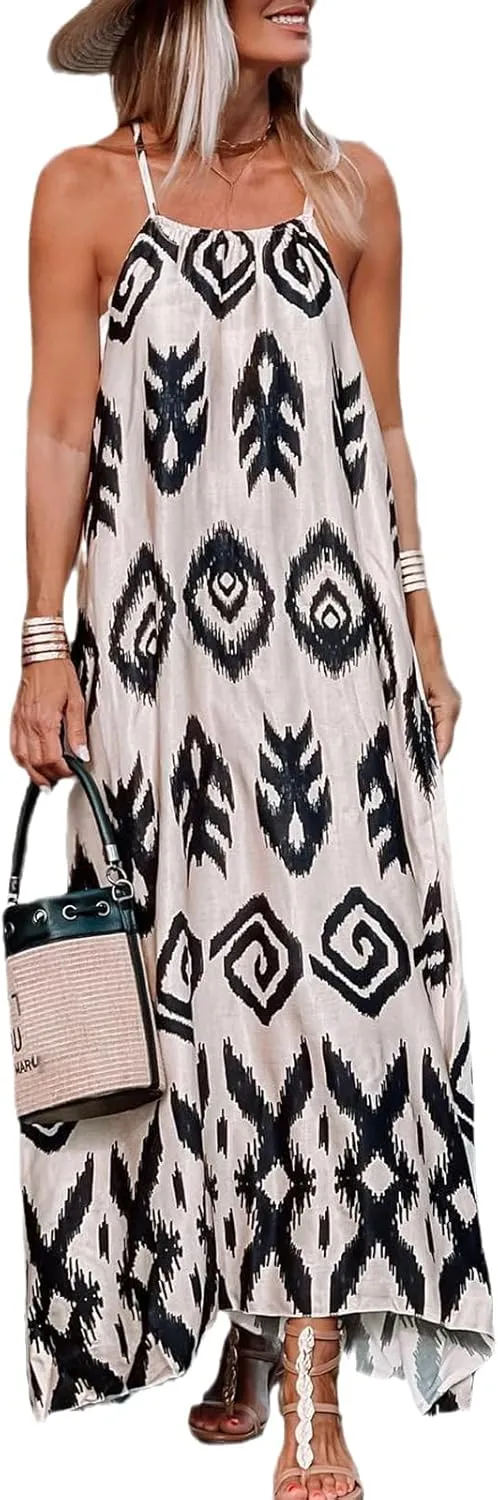 Womens Maxi Summer A-Shape Sleeveless Long Dress Adjustable Straps Summer Dresses 2024