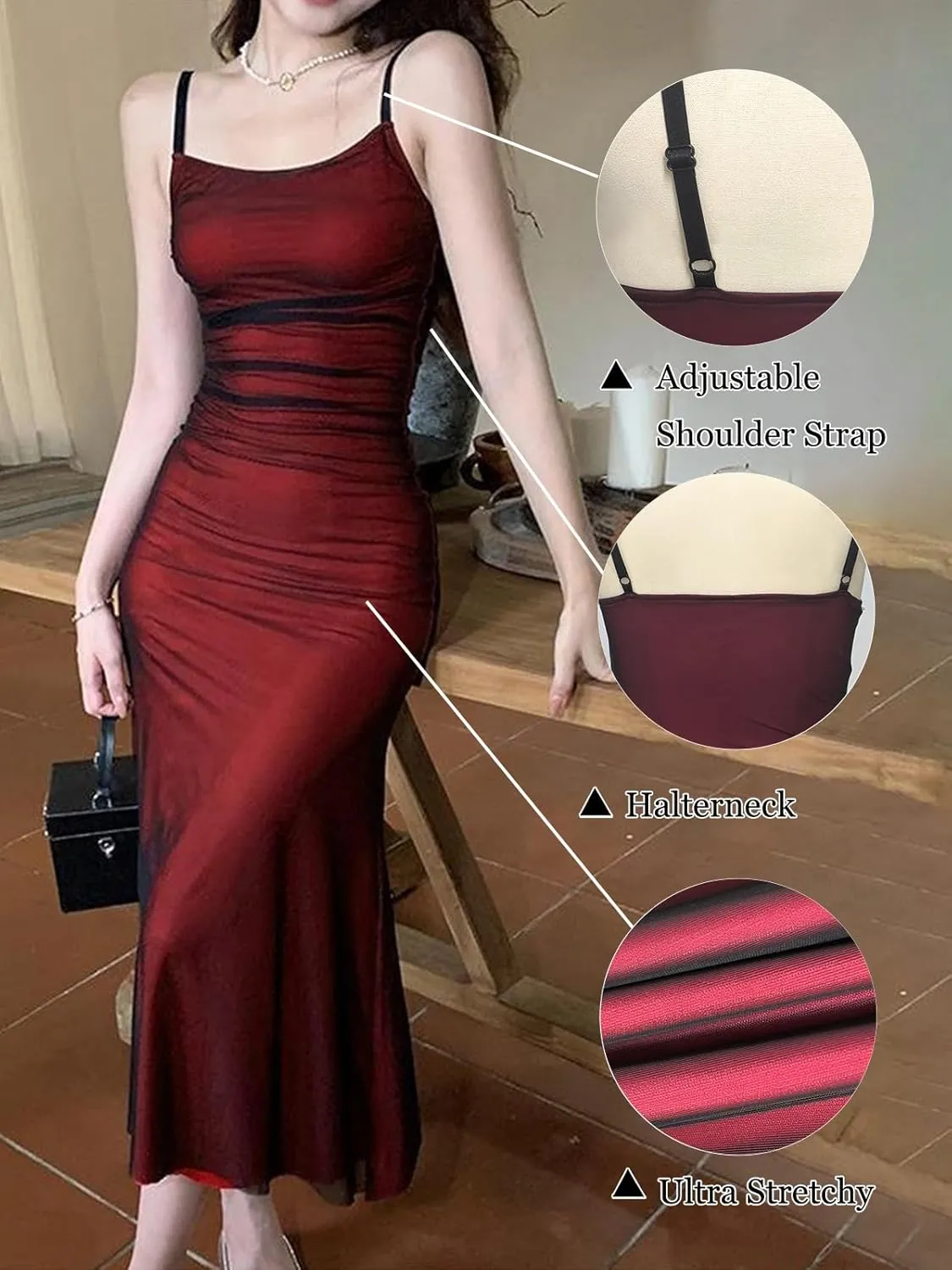 Women's Mesh Overlay Spaghetti Strap Dress Boho Sleeveless Bodycon Backless Midi Dress