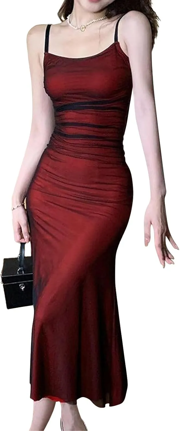 Women's Mesh Overlay Spaghetti Strap Dress Boho Sleeveless Bodycon Backless Midi Dress