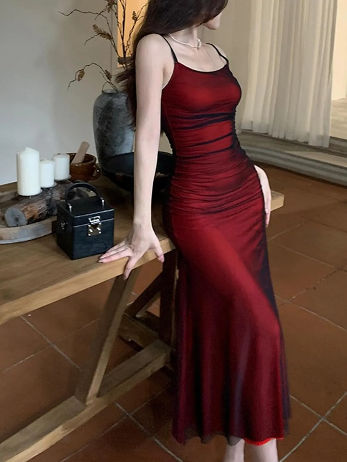 Women's Mesh Overlay Spaghetti Strap Dress Boho Sleeveless Bodycon Backless Midi Dress