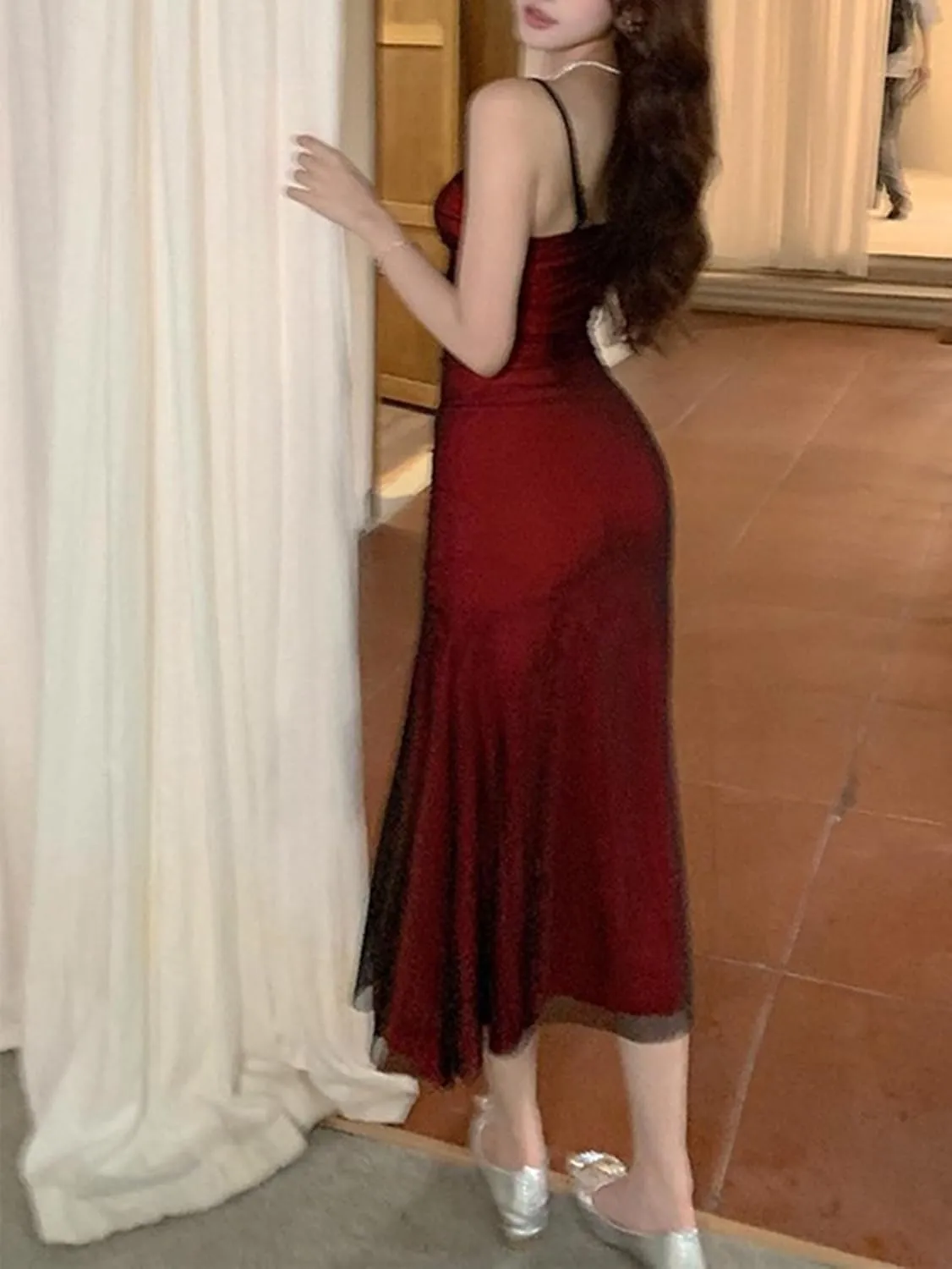 Women's Mesh Overlay Spaghetti Strap Dress Boho Sleeveless Bodycon Backless Midi Dress