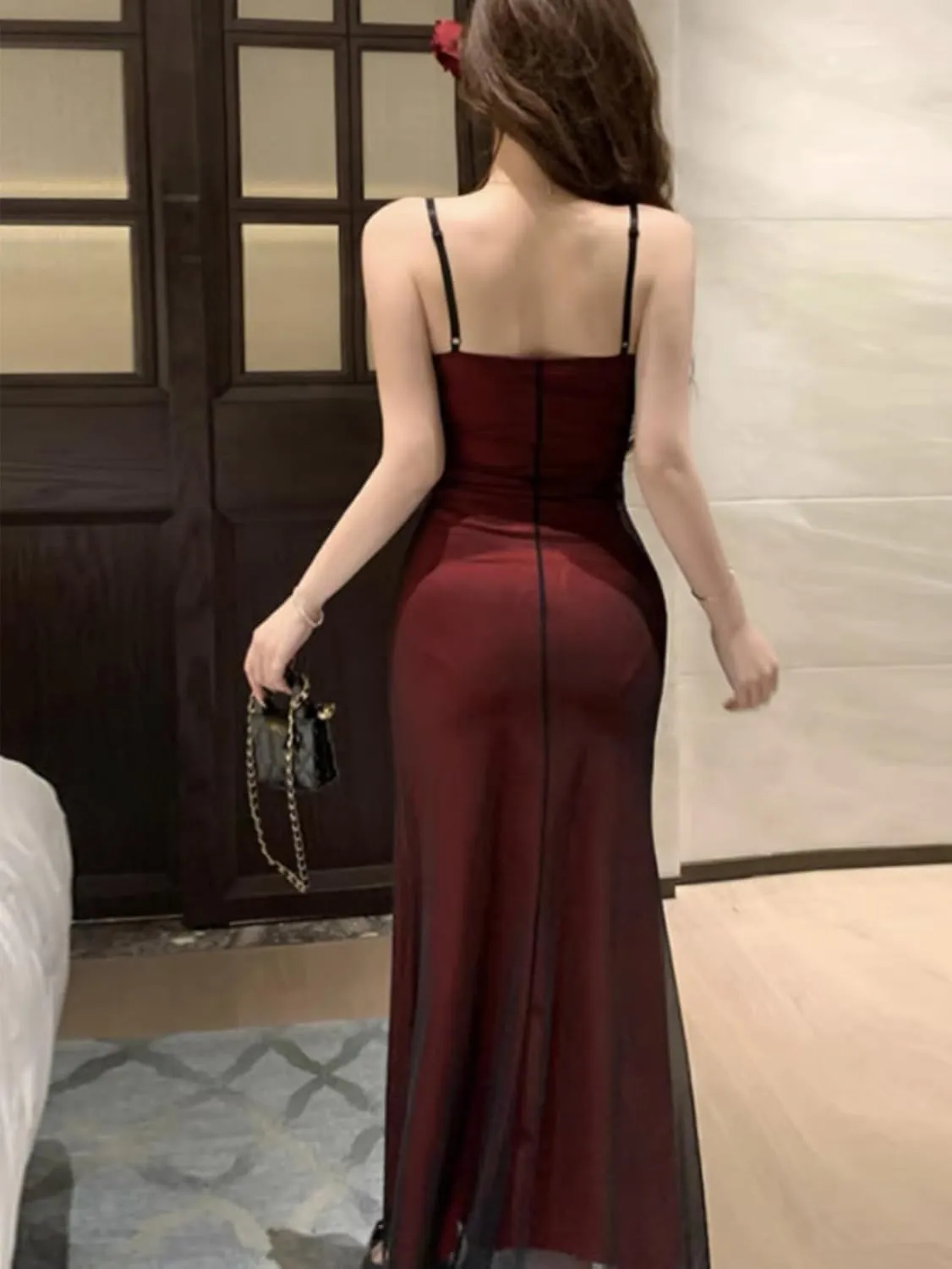 Women's Mesh Overlay Spaghetti Strap Dress Boho Sleeveless Bodycon Backless Midi Dress